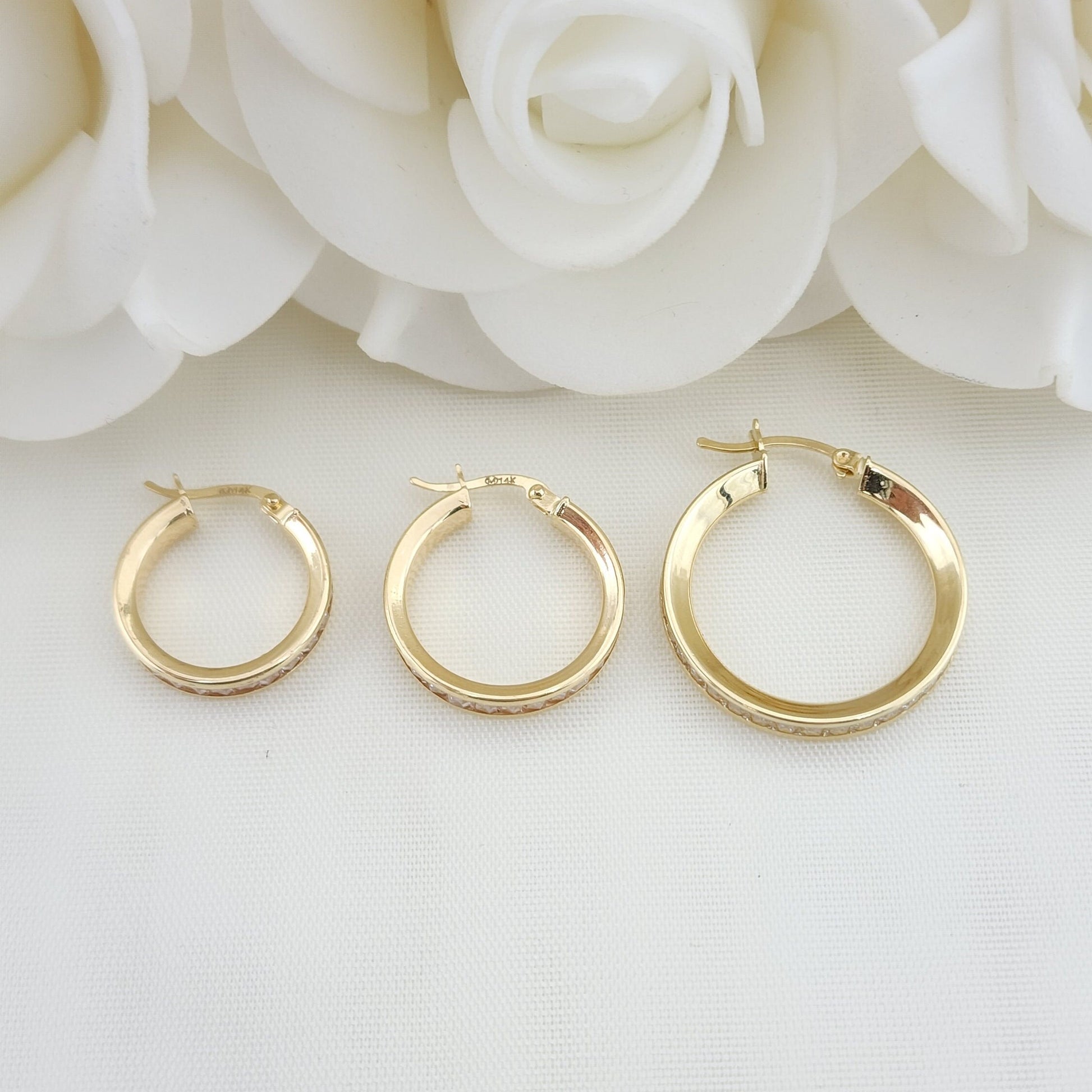 Real 14k Yellow Gold Bagguete CZ Hoop Earrings - 17mm, 19mm, 24mm - Channel Setting - Shiny and Modern