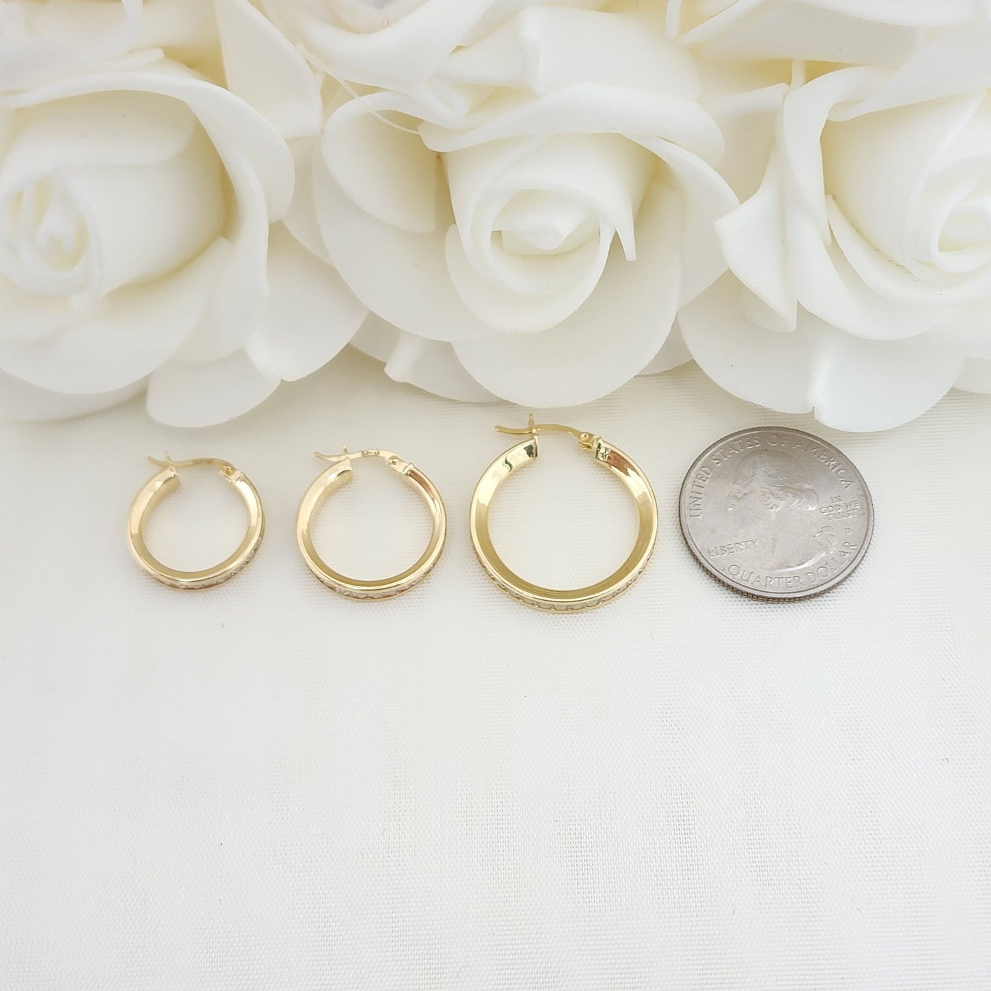 Real 14k Yellow Gold Bagguete CZ Hoop Earrings - 17mm, 19mm, 24mm - Channel Setting - Shiny and Modern