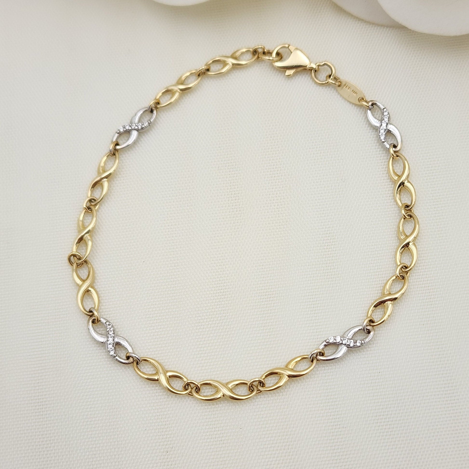 Real 14k Gold Infinite Bracelet - 7.25 Inches - White and Yellow Gold - 4MM Thick - For Her