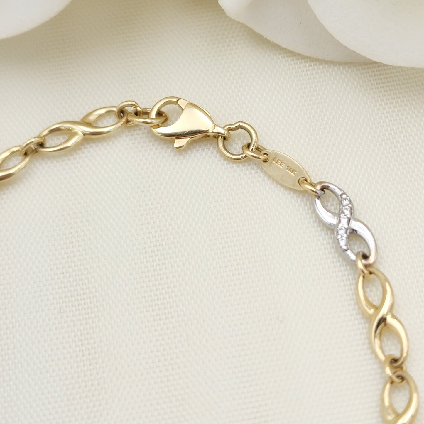 Real 14k Gold Infinite Bracelet - 7.25 Inches - White and Yellow Gold - 4MM Thick - For Her