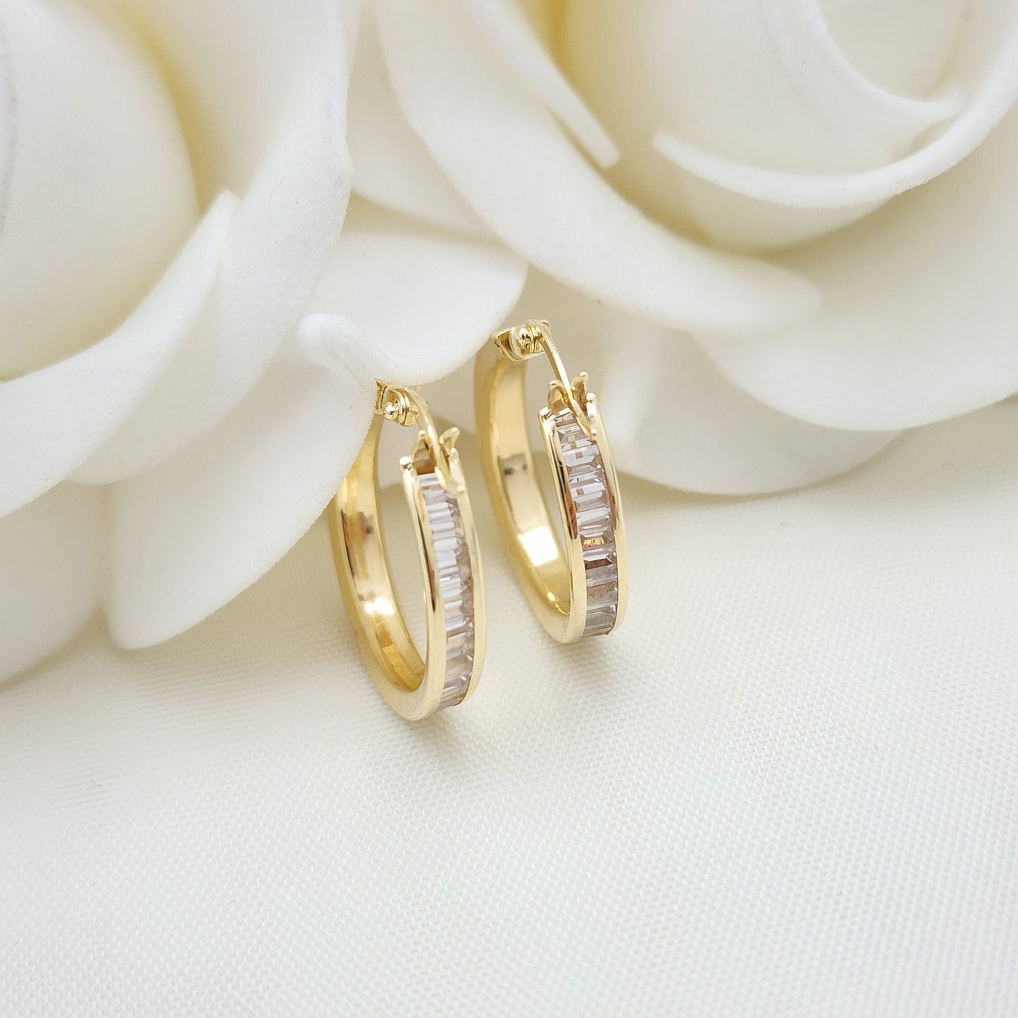 Real 14k Yellow Gold Bagguete CZ Hoop Earrings - 17mm, 19mm, 24mm - Channel Setting - Shiny and Modern