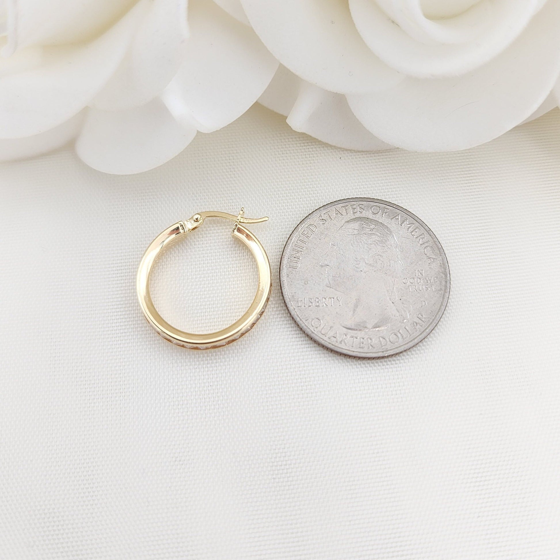 Real 14k Yellow Gold Bagguete CZ Hoop Earrings - 17mm, 19mm, 24mm - Channel Setting - Shiny and Modern