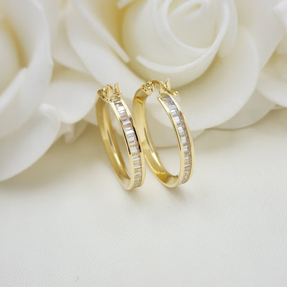 Real 14k Yellow Gold Bagguete CZ Hoop Earrings - 17mm, 19mm, 24mm - Channel Setting - Shiny and Modern