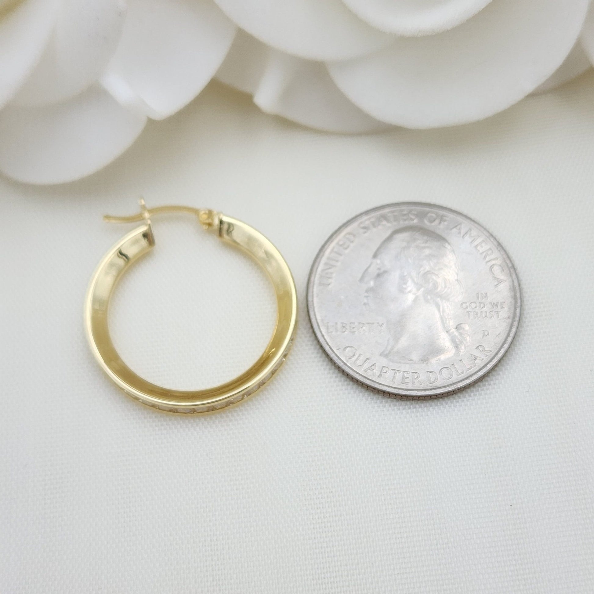 Real 14k Yellow Gold Bagguete CZ Hoop Earrings - 17mm, 19mm, 24mm - Channel Setting - Shiny and Modern