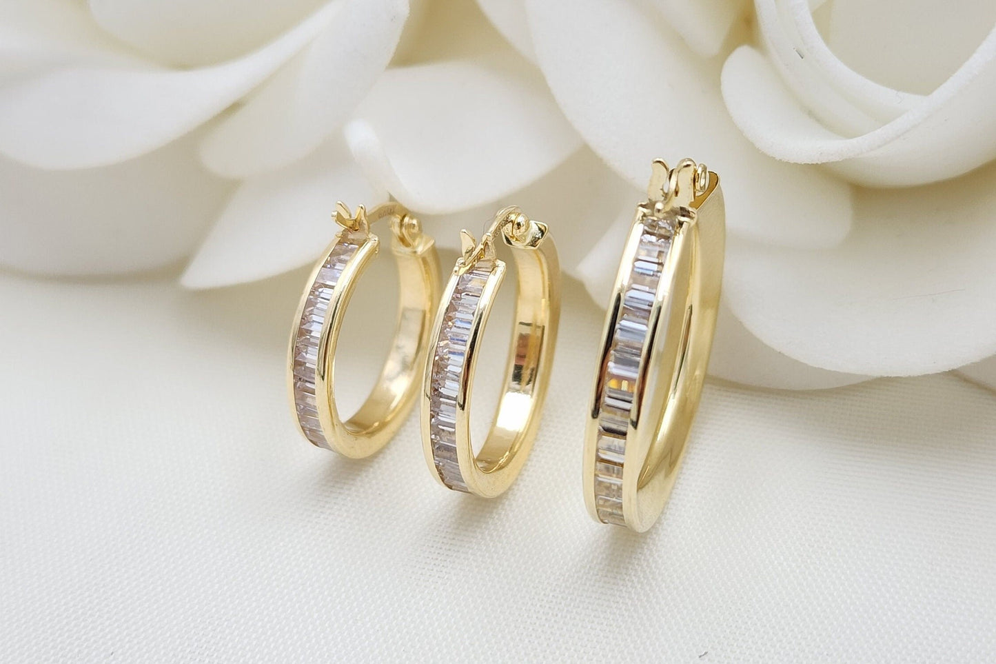 Real 14k Yellow Gold Bagguete CZ Hoop Earrings - 17mm, 19mm, 24mm - Channel Setting - Shiny and Modern