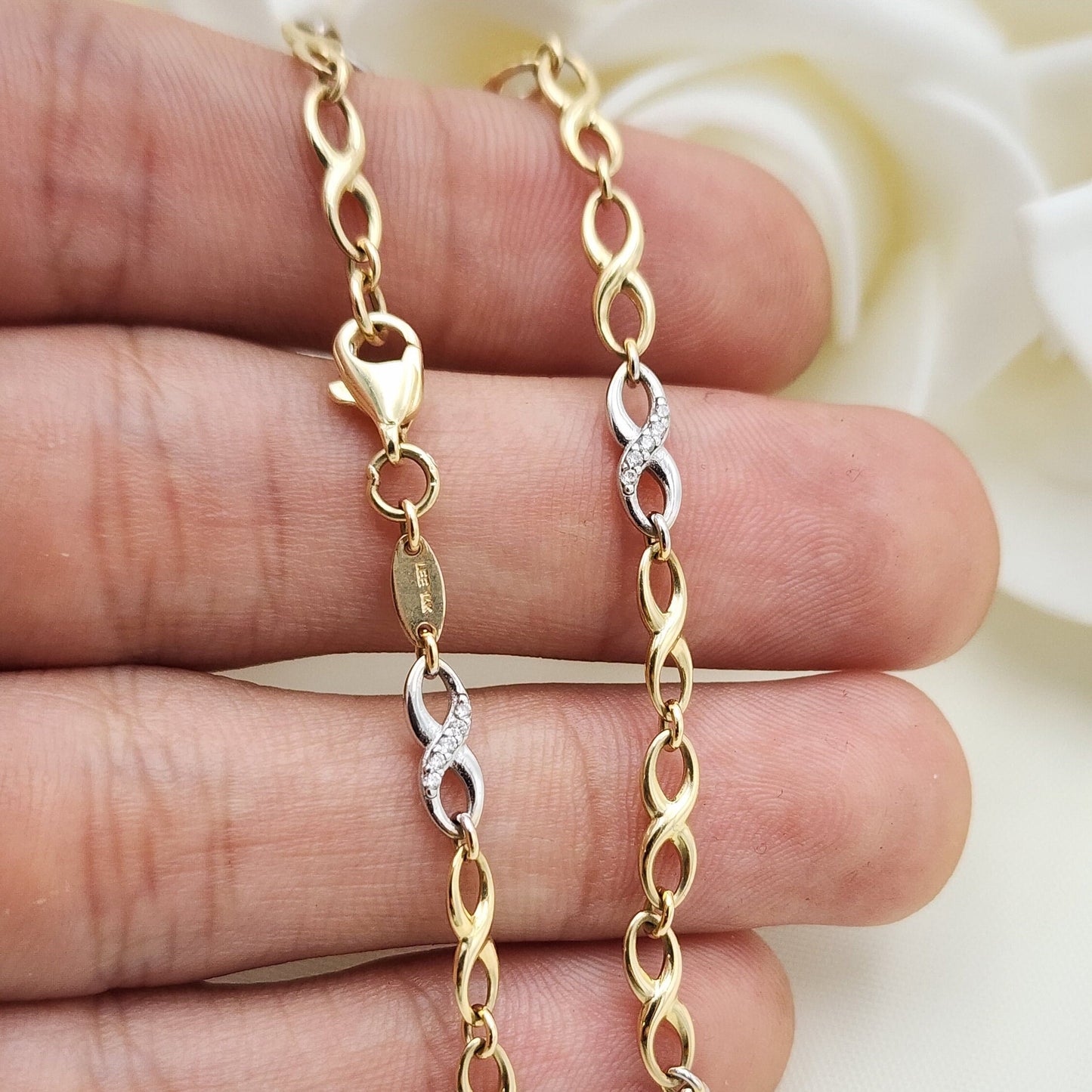 Real 14k Gold Infinite Bracelet - 7.25 Inches - White and Yellow Gold - 4MM Thick - For Her