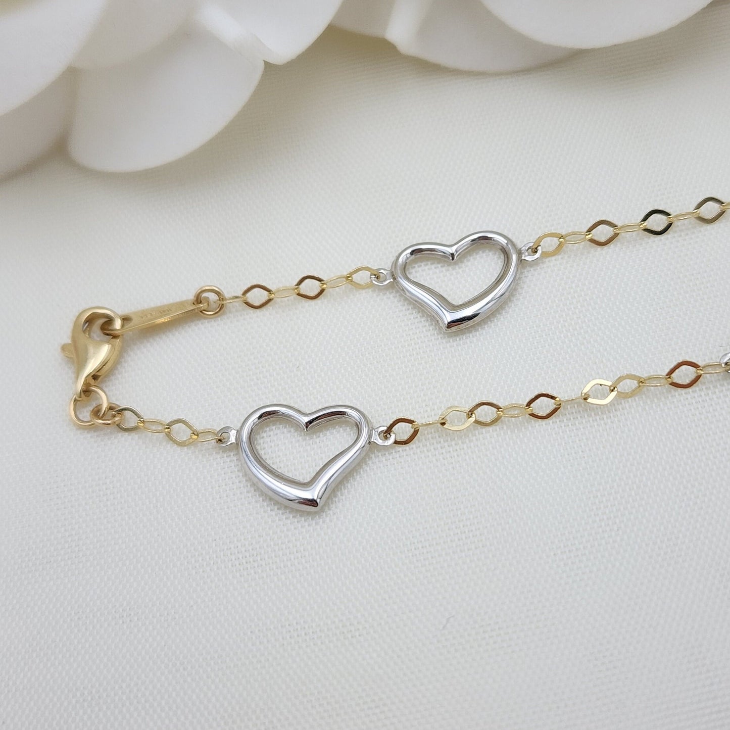 14k Gold White Hearts Oval Bracelet - 7.5 Inches - 2MM - For Her