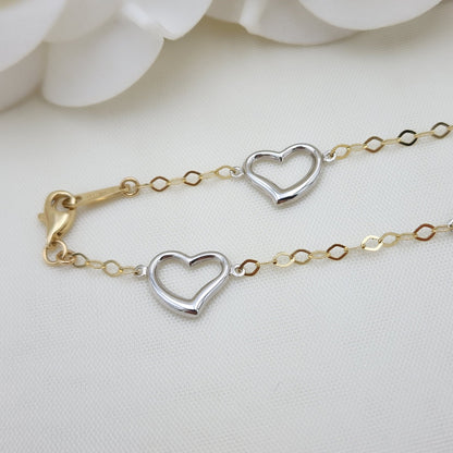 14k Gold White Hearts Oval Bracelet - 7.5 Inches - 2MM - For Her