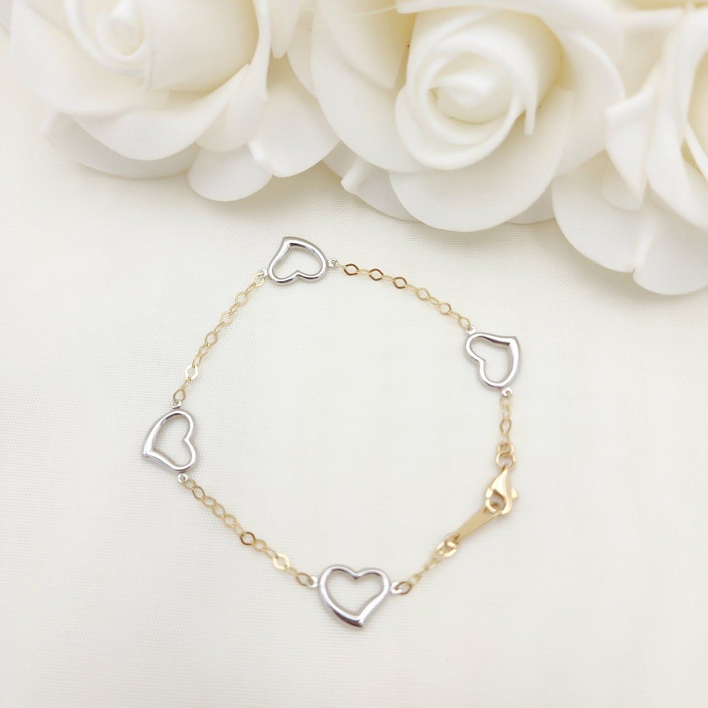 14k Gold White Hearts Oval Bracelet - 7.5 Inches - 2MM - For Her