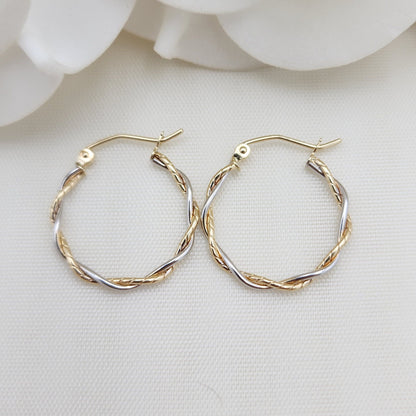 Dainty 14k Gold Twisted Hoop Earrings - 2 Tones Gold - For Her