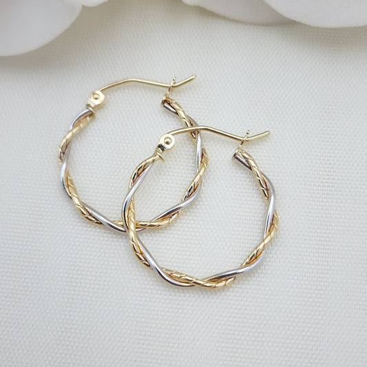 Dainty 14k Gold Twisted Hoop Earrings - 2 Tones Gold - For Her