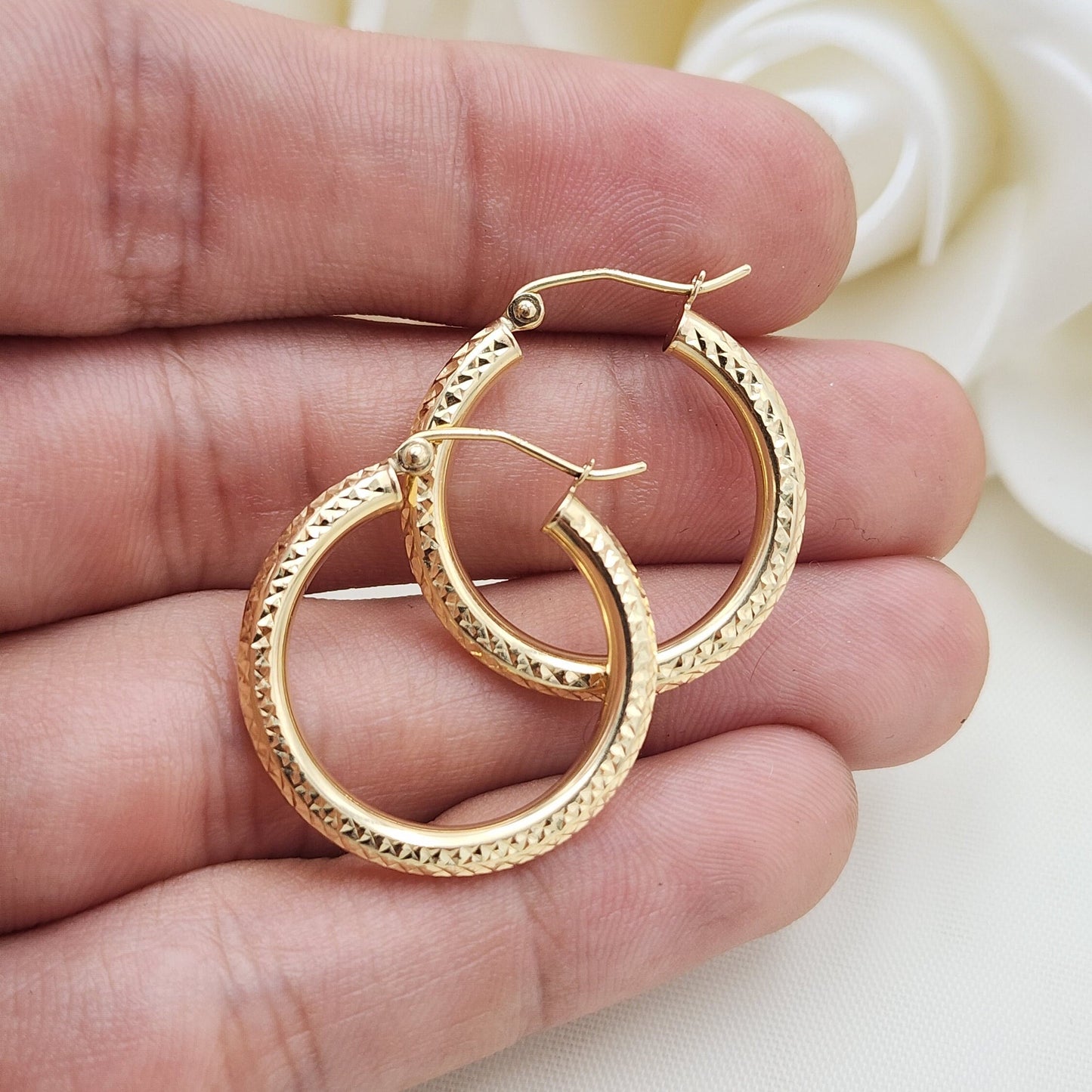 25MM 14k Gold Fully Diamond Cut Hoop Earrings - 3MM Thick - Perfect Gift - Modern Jewelry For Her