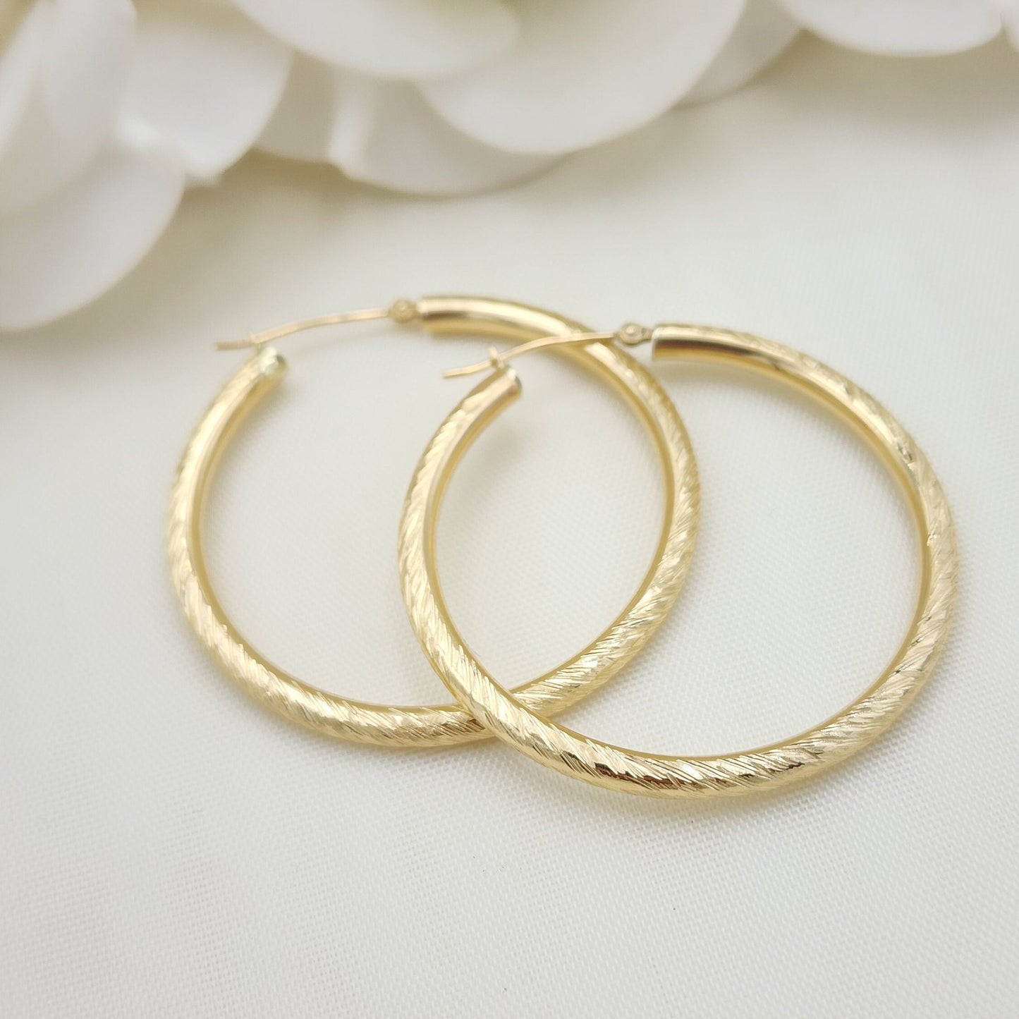 14k Gold Shiny Hoop Earrings - 3mm Thick - 40mm - Everyday Hoops - For Her