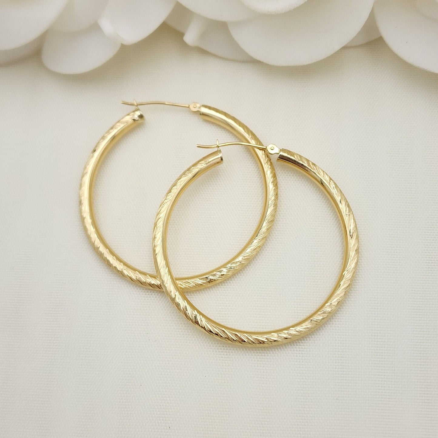 14k Gold Shiny Hoop Earrings - 3mm Thick - 40mm - Everyday Hoops - For Her