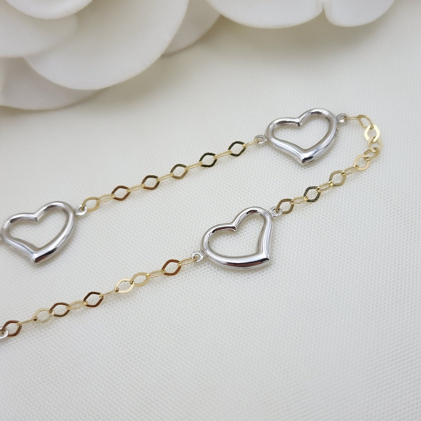 14k Gold White Hearts Oval Bracelet - 7.5 Inches - 2MM - For Her