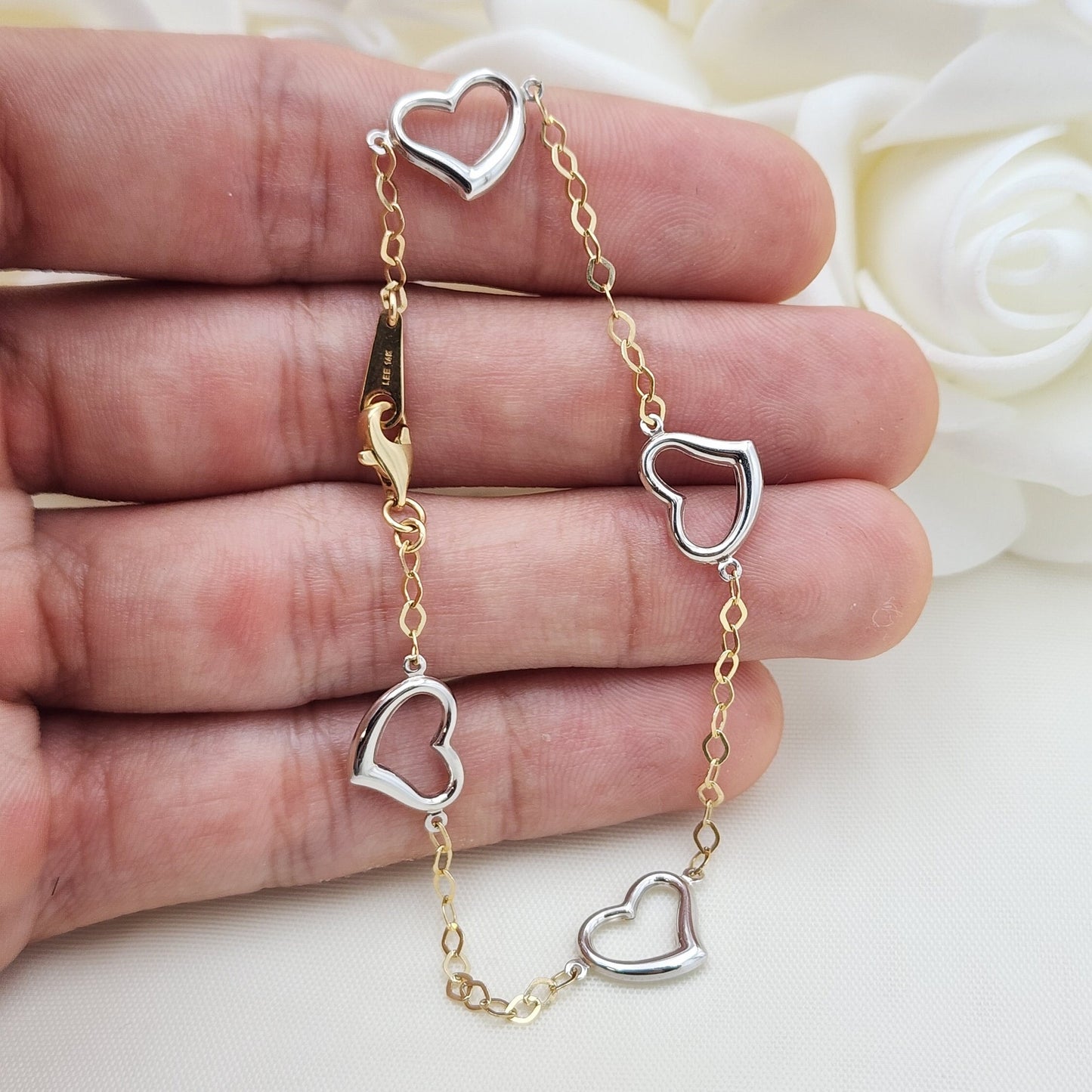 14k Gold White Hearts Oval Bracelet - 7.5 Inches - 2MM - For Her