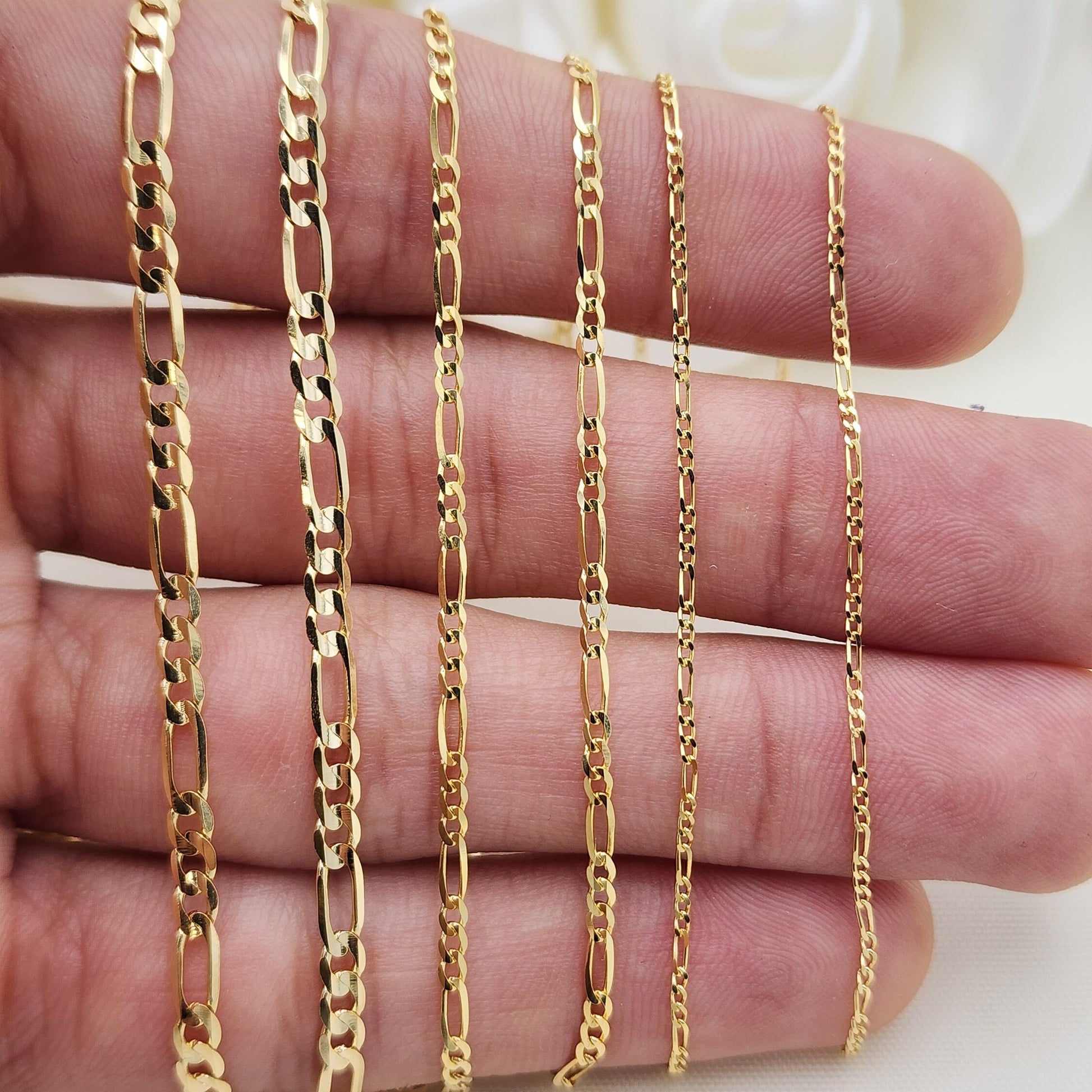 Solid 14k Gold Close Link Figaro Chains - 1MM, 2MM, 3MM, 3.9MM, 4.6MM - For Her - For Him - Real Gold