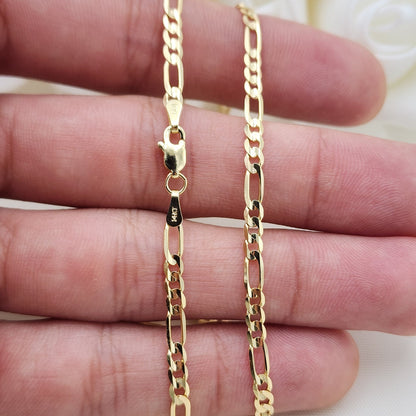 Solid 14k Gold Close Link Figaro Chains - 1MM, 2MM, 3MM, 3.9MM, 4.6MM - For Her - For Him - Real Gold