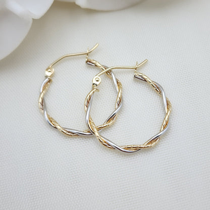 Dainty 14k Gold Twisted Hoop Earrings - 2 Tones Gold - For Her