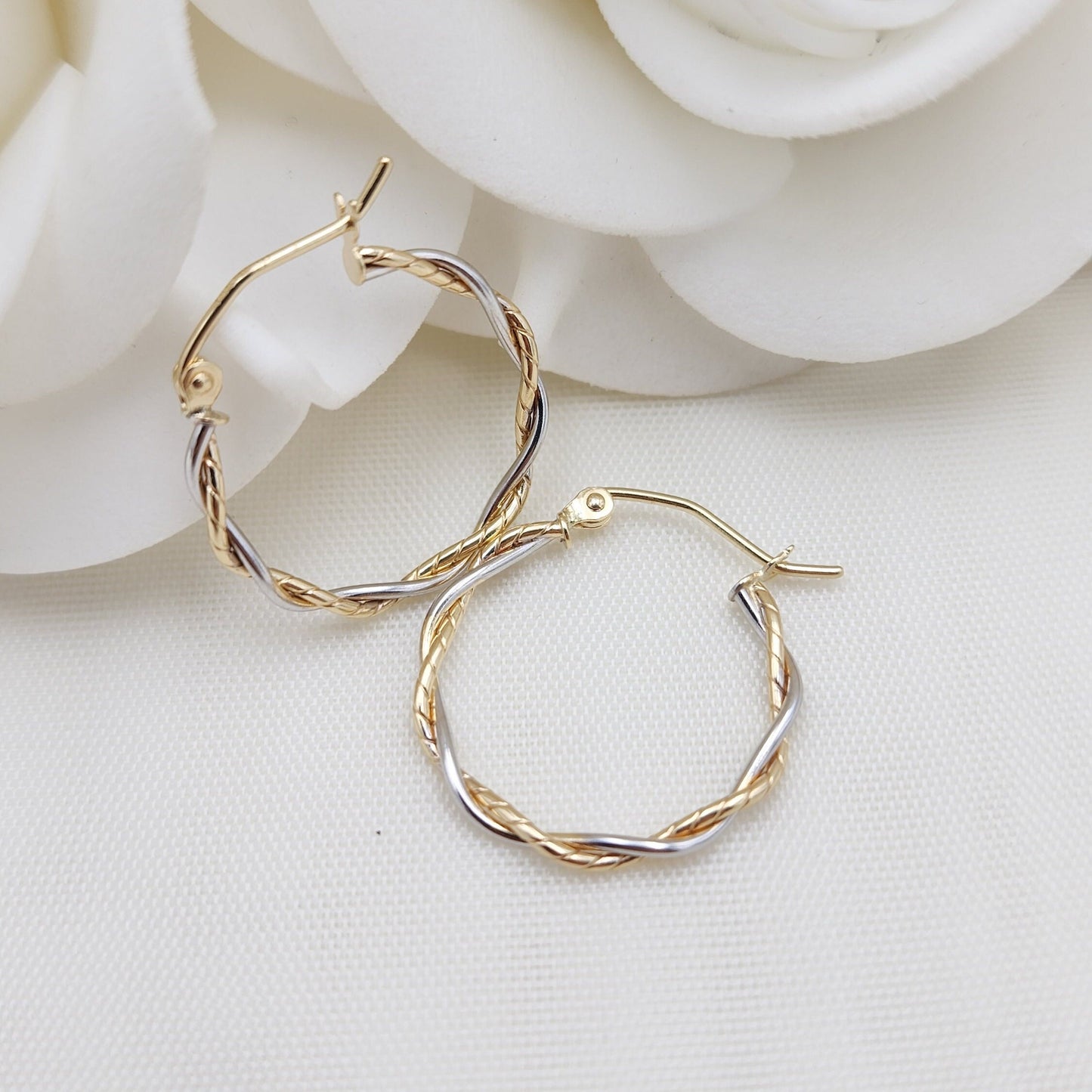 Dainty 14k Gold Twisted Hoop Earrings - 2 Tones Gold - For Her