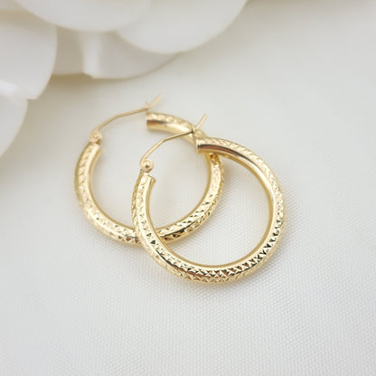 25MM 14k Gold Fully Diamond Cut Hoop Earrings - 3MM Thick - Perfect Gift - Modern Jewelry For Her