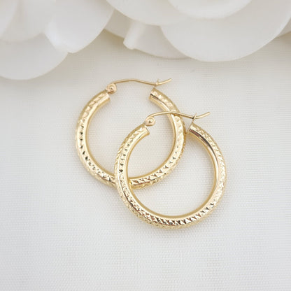 25MM 14k Gold Fully Diamond Cut Hoop Earrings - 3MM Thick - Perfect Gift - Modern Jewelry For Her