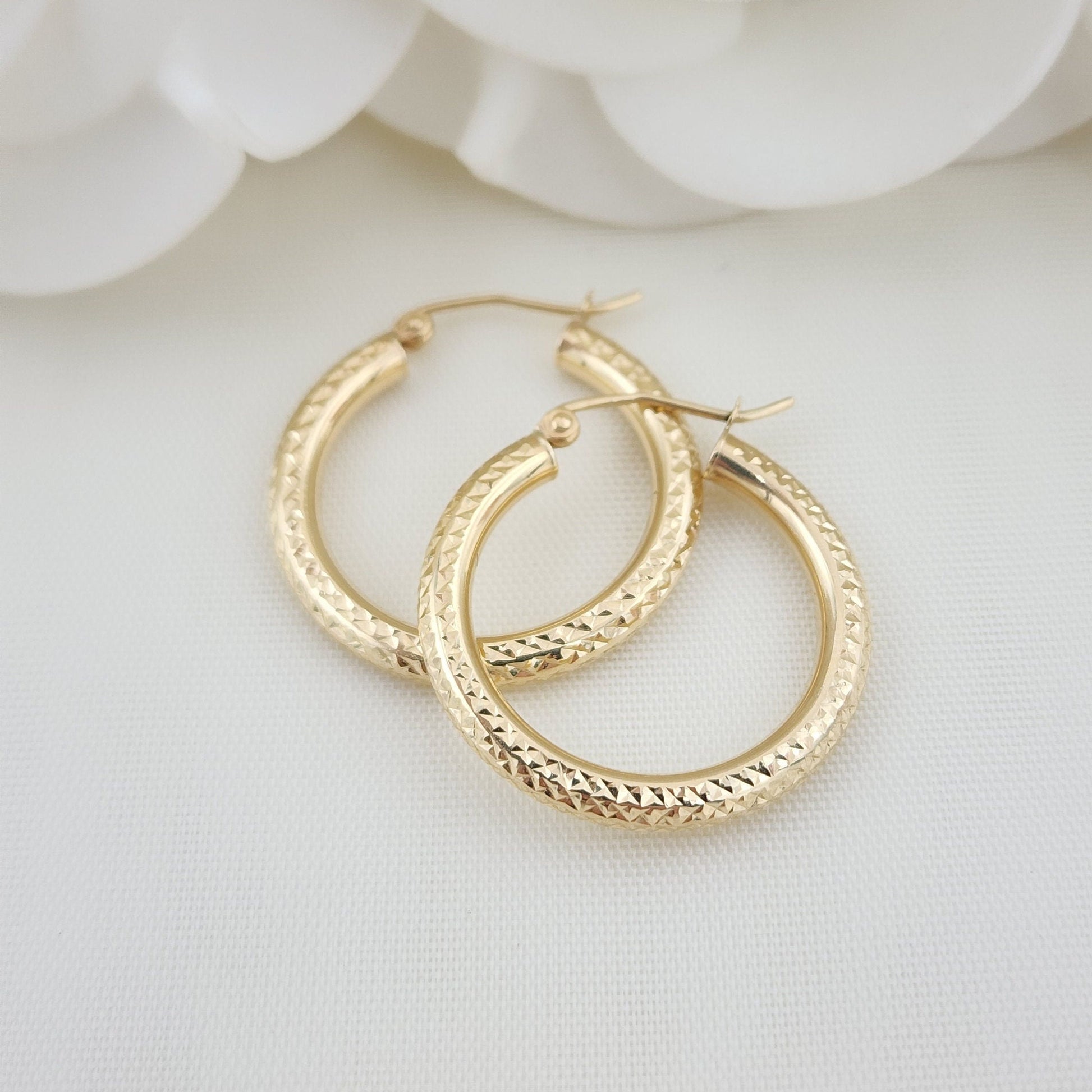 25MM 14k Gold Fully Diamond Cut Hoop Earrings - 3MM Thick - Perfect Gift - Modern Jewelry For Her