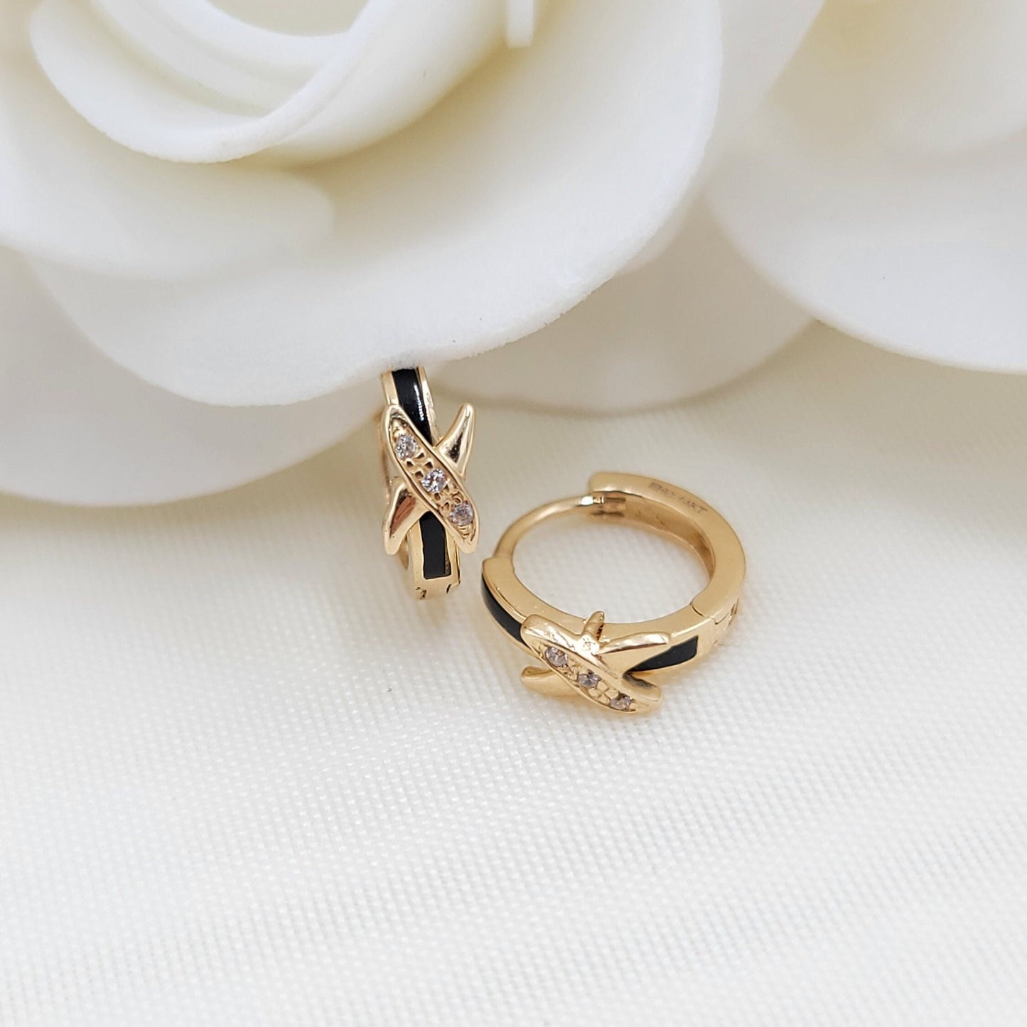 Real 14k Gold Onys X Shape Huggies Earrings - Sit Close to earlobe - Unique and Everlasting - Perfect Gift For Her - Black Mini Hoops