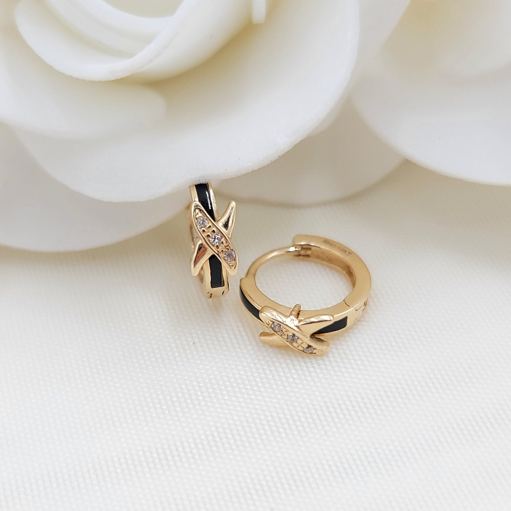 Real 14k Gold Onys X Shape Huggies Earrings - Sit Close to earlobe - Unique and Everlasting - Perfect Gift For Her - Black Mini Hoops