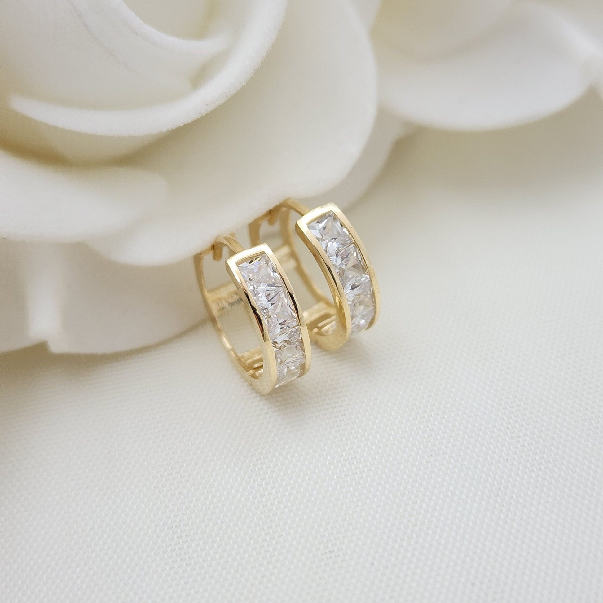 Solid 14k Gold Princess Cut CZ Huggie Earrings - 13mm - 4mm Thick - For women and girls