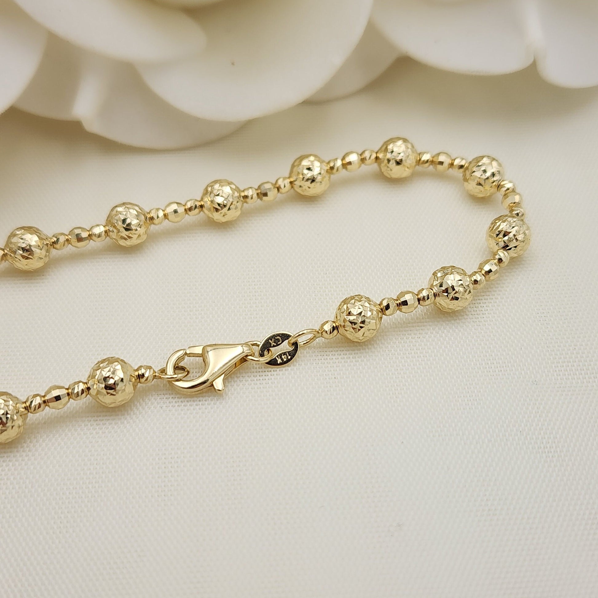 Real 14k Gold Diamond Cut Bead Bracelet - 7 1/4 Inches - 5mm - Shiny and Unique