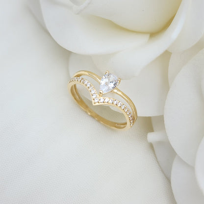 Solid 14k Gold Doble Chevron Pear CZ Ring - Modern Jewelry - Gold Band - Unique Jewelry