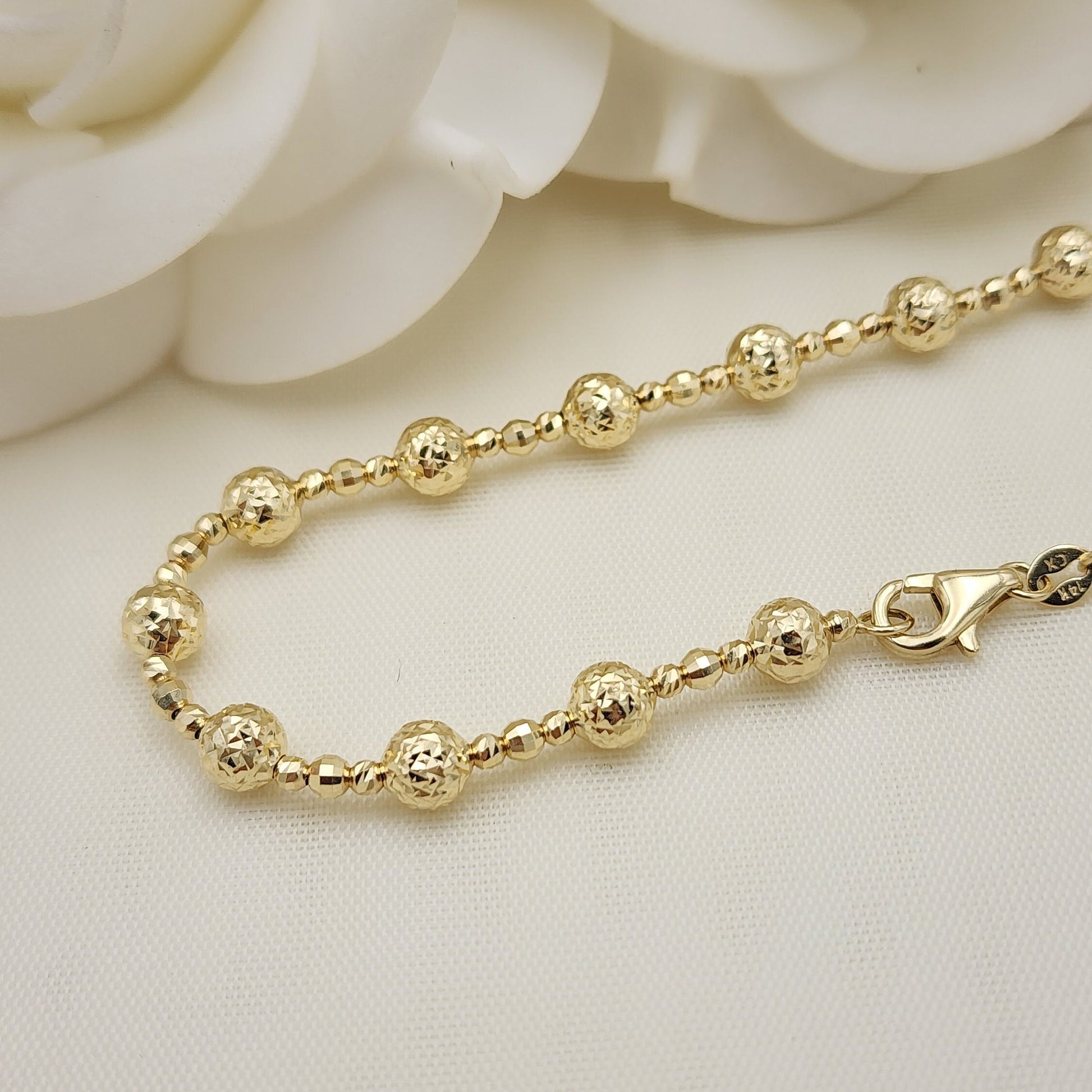 Real 14k Gold Diamond Cut Bead Bracelet - 7 1/4 Inches - 5mm - Shiny and Unique