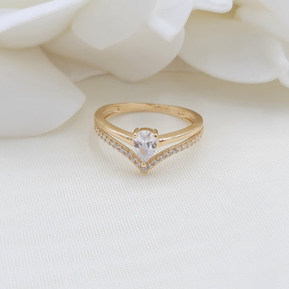 Solid 14k Gold Doble Chevron Pear CZ Ring - Modern Jewelry - Gold Band - Unique Jewelry