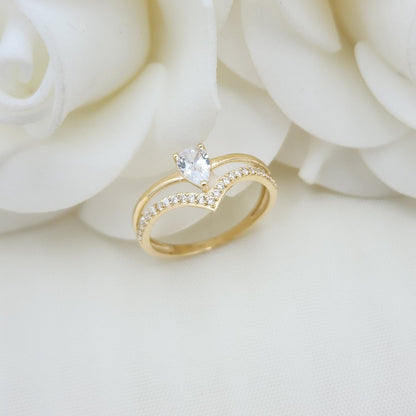 Solid 14k Gold Doble Chevron Pear CZ Ring - Modern Jewelry - Gold Band - Unique Jewelry