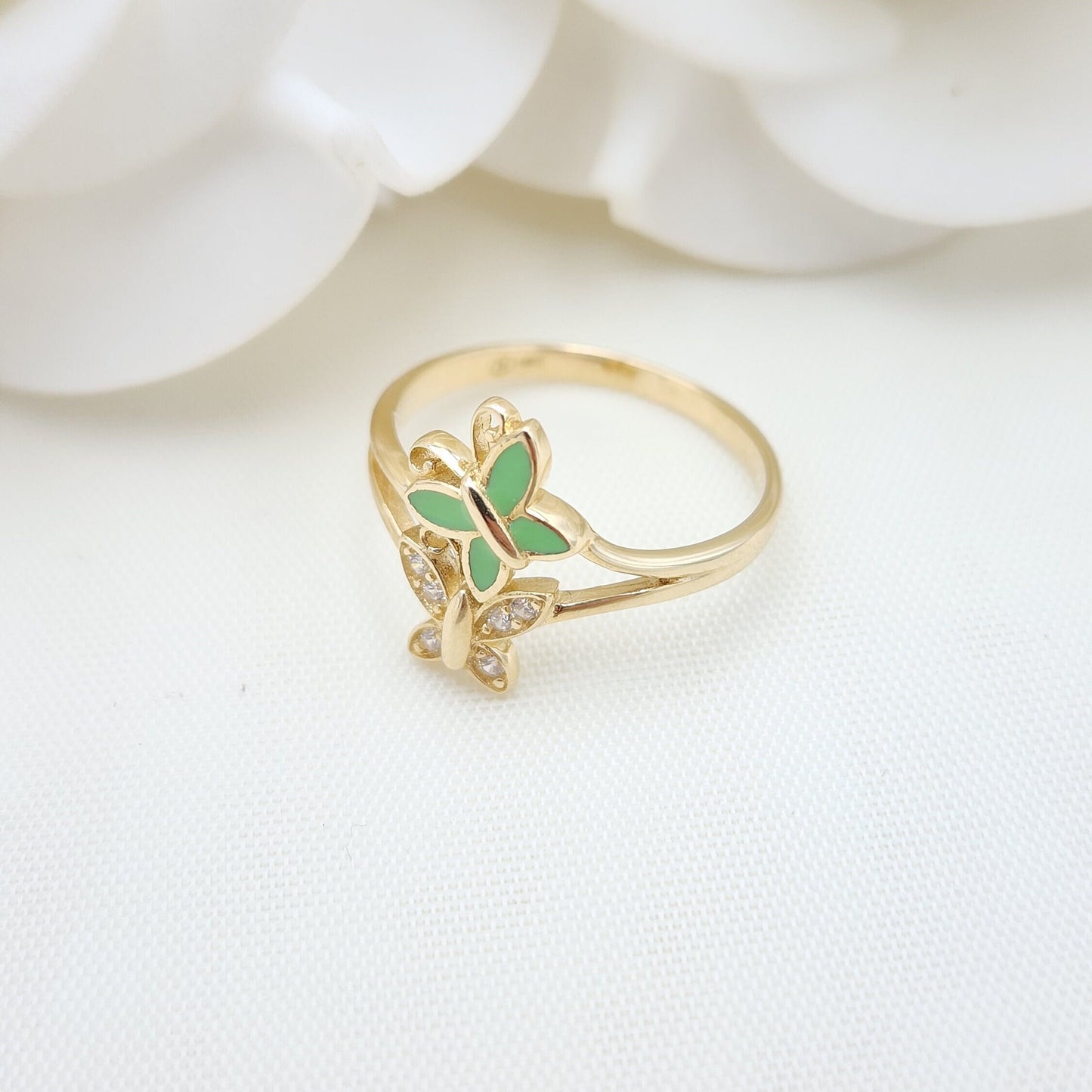 Solid 14k Gold Butterfly Flies Ring - Enamel - Modern Jewelry