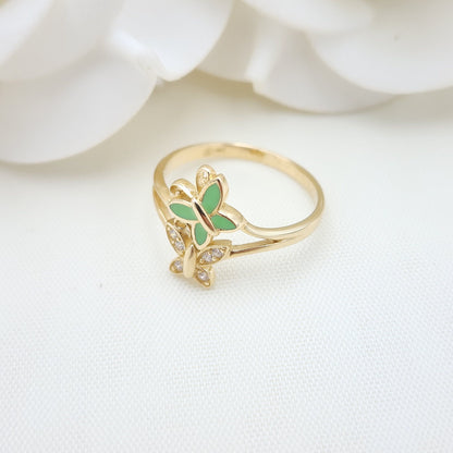 Solid 14k Gold Butterfly Flies Ring - Enamel - Modern Jewelry