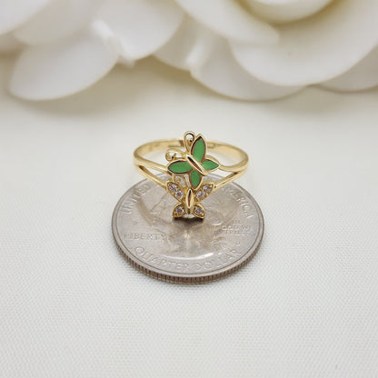 Solid 14k Gold Butterfly Flies Ring - Enamel - Modern Jewelry