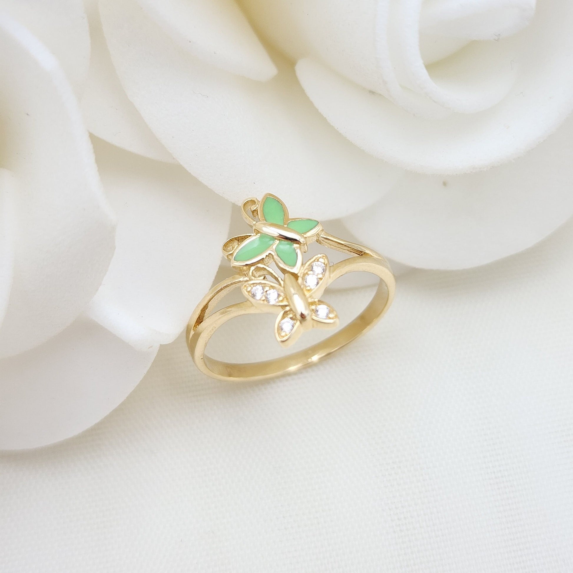 Solid 14k Gold Butterfly Flies Ring - Enamel - Modern Jewelry