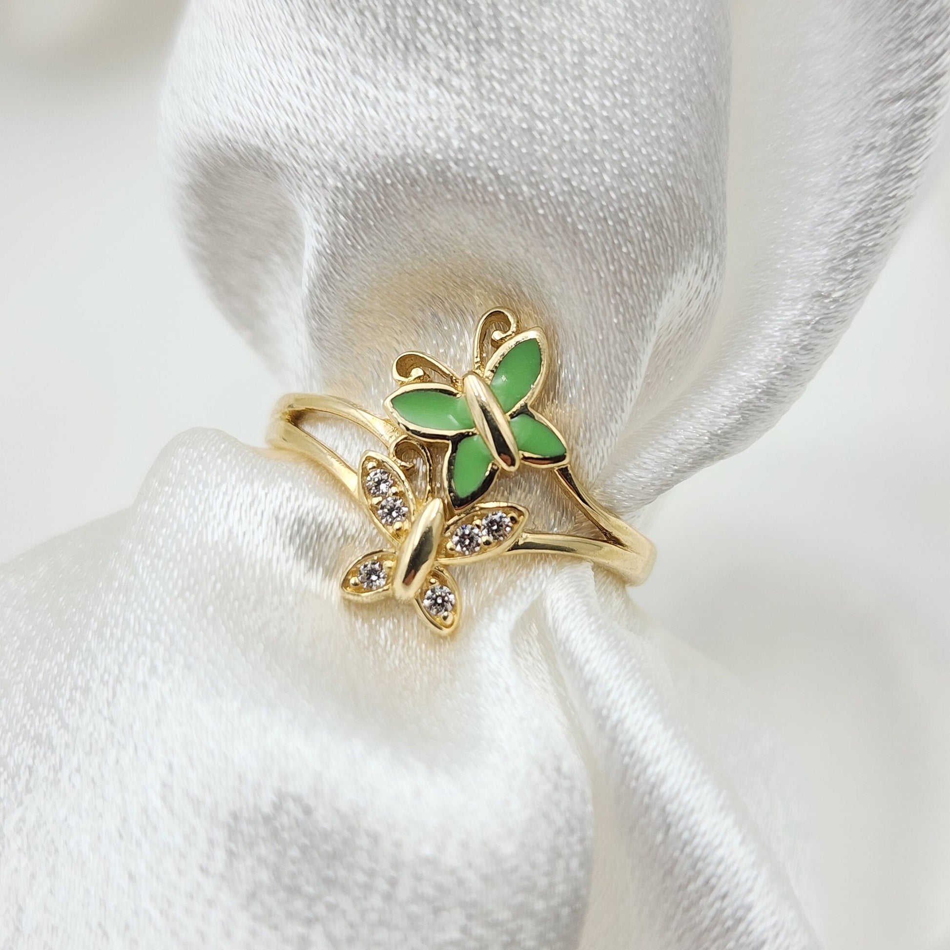 Solid 14k Gold Butterfly Flies Ring - Enamel - Modern Jewelry