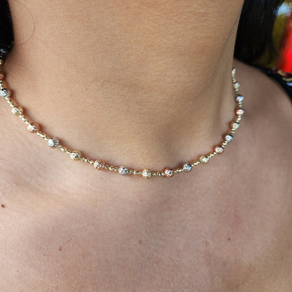 Real 14k Gold Tricolor Gold Shiny Bead Necklace - Diamond Cut - Perfect Gift For Her - White, yellow and rose gold - 16 and 18 Inches