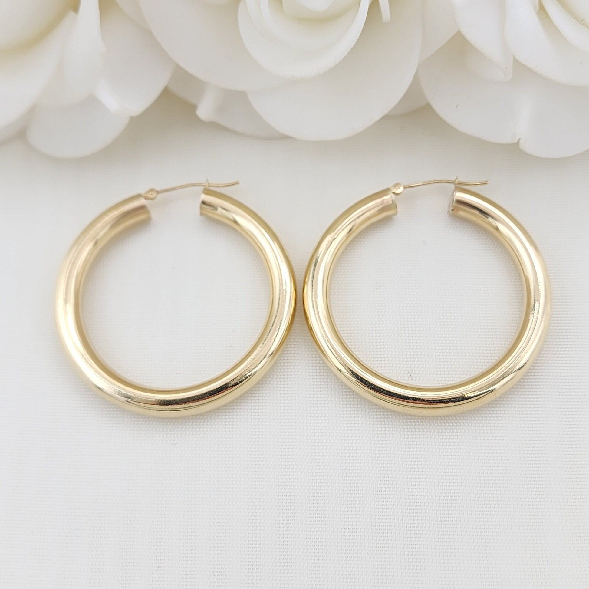 Real 14k Gold 5MM Chubby Hoop Earrings - 40MM - Polished Hoops - Perfect Gift