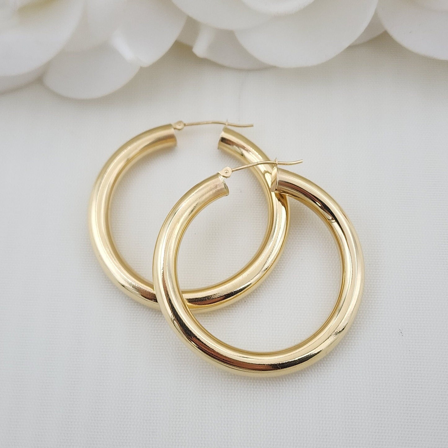 Real 14k Gold 5MM Chubby Hoop Earrings - 40MM - Polished Hoops - Perfect Gift