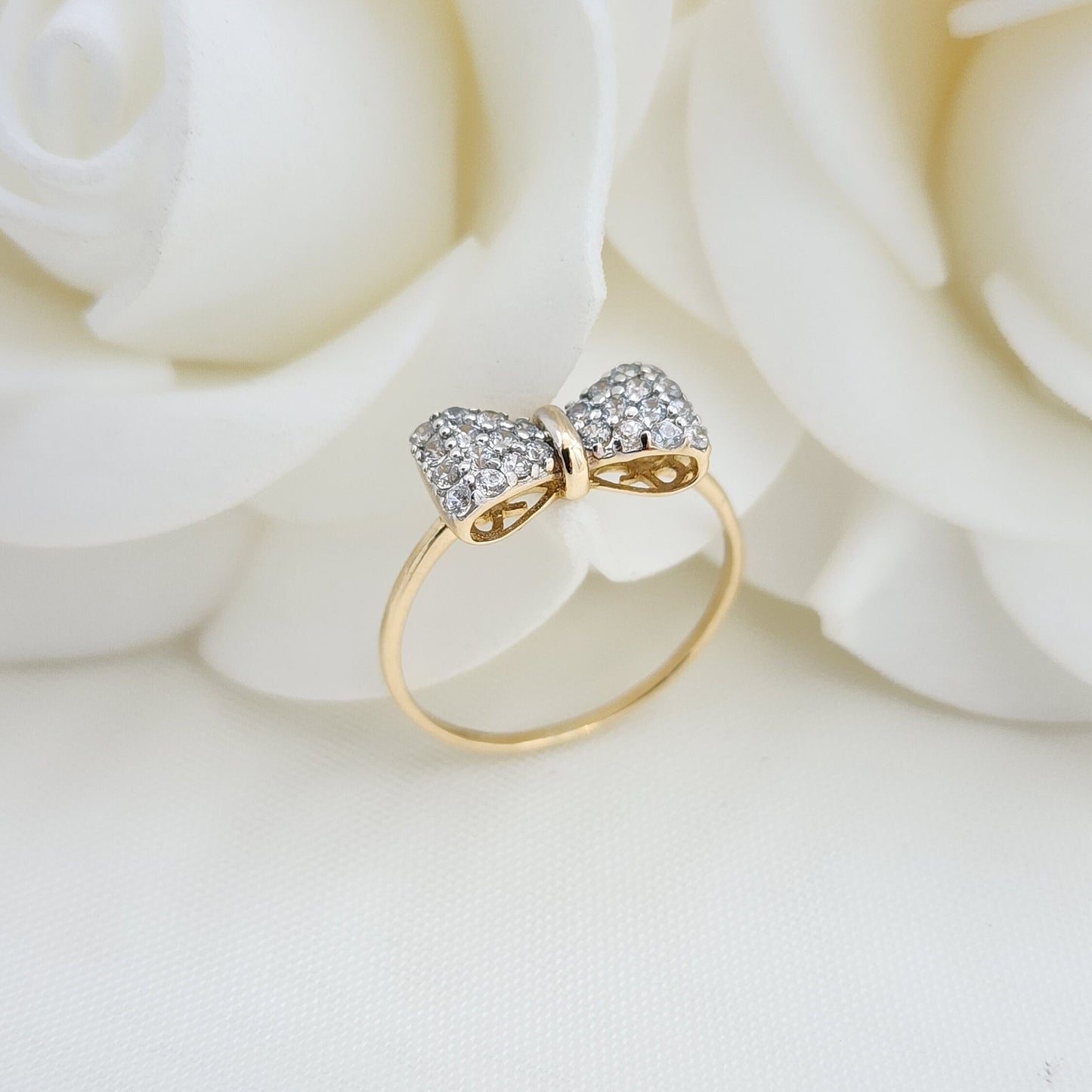 Cute Solid 14K Gold Bow Ring With Simulated Diamonds