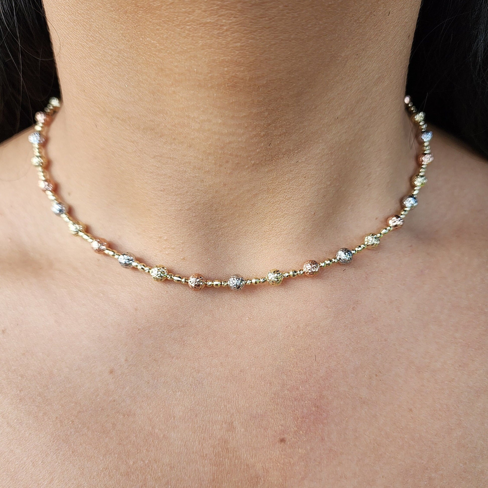 Real 14k Gold Tricolor Gold Shiny Bead Necklace - Diamond Cut - Perfect Gift For Her - White, yellow and rose gold - 16 and 18 Inches