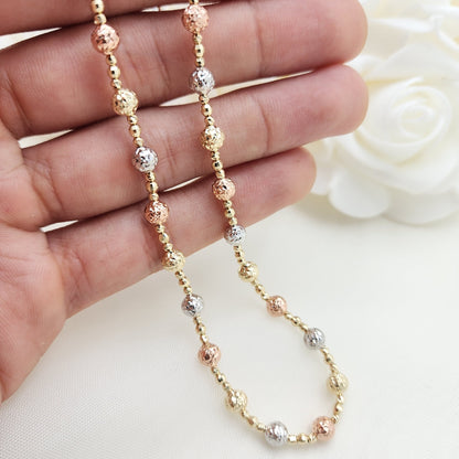 Real 14k Gold Tricolor Gold Shiny Bead Necklace - Diamond Cut - Perfect Gift For Her - White, yellow and rose gold - 16 and 18 Inches