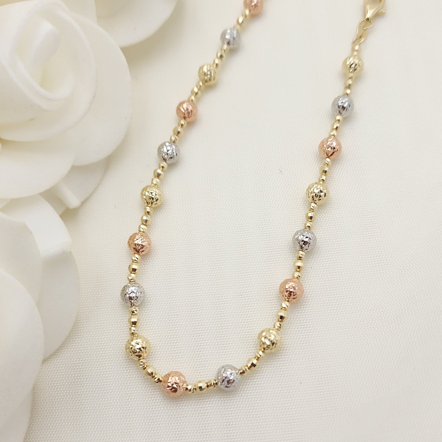 Real 14k Gold Tricolor Gold Shiny Bead Necklace - Diamond Cut - Perfect Gift For Her - White, yellow and rose gold - 16 and 18 Inches