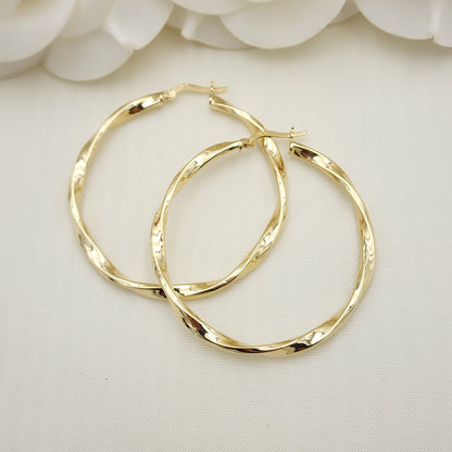 Real 14k Gold 3mm Twisted Hoops Earrings - 46mm - Real Gold - Fine Modern Jewelry For Her - Perfect Birthday, Anniversary Gift