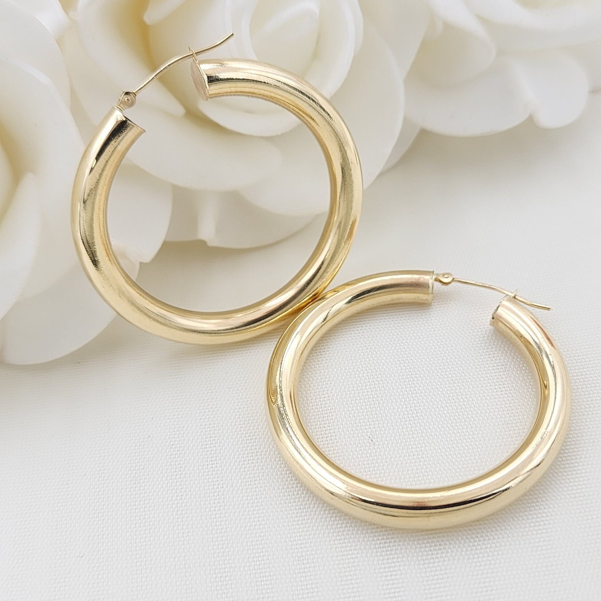 Real 14k Gold 5MM Chubby Hoop Earrings - 40MM - Polished Hoops - Perfect Gift