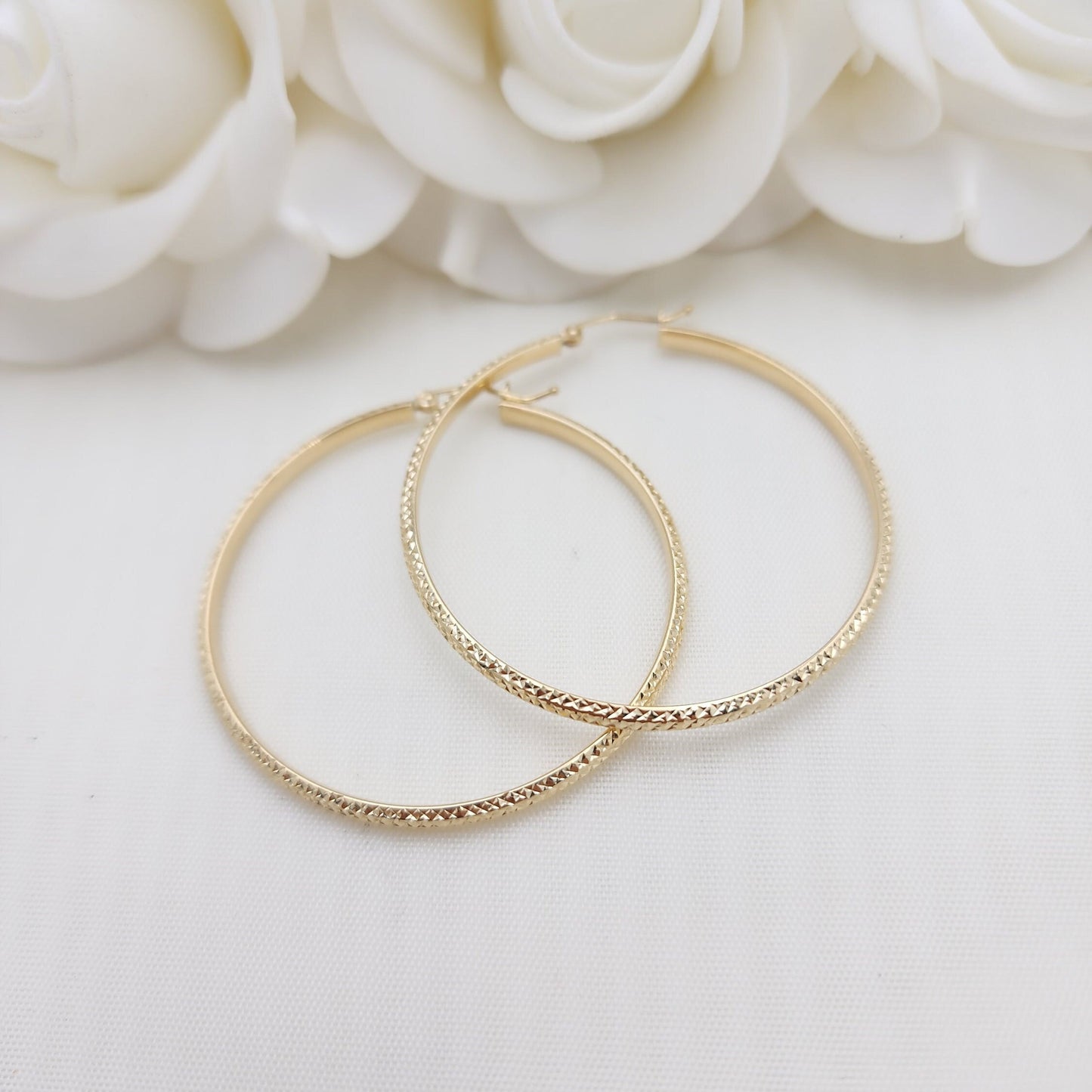 Real 14k Gold Shiny Diamond Cut Hoop Earrings - 3mm Thick - Small, medium, Large - Fine Jewelry - For Her